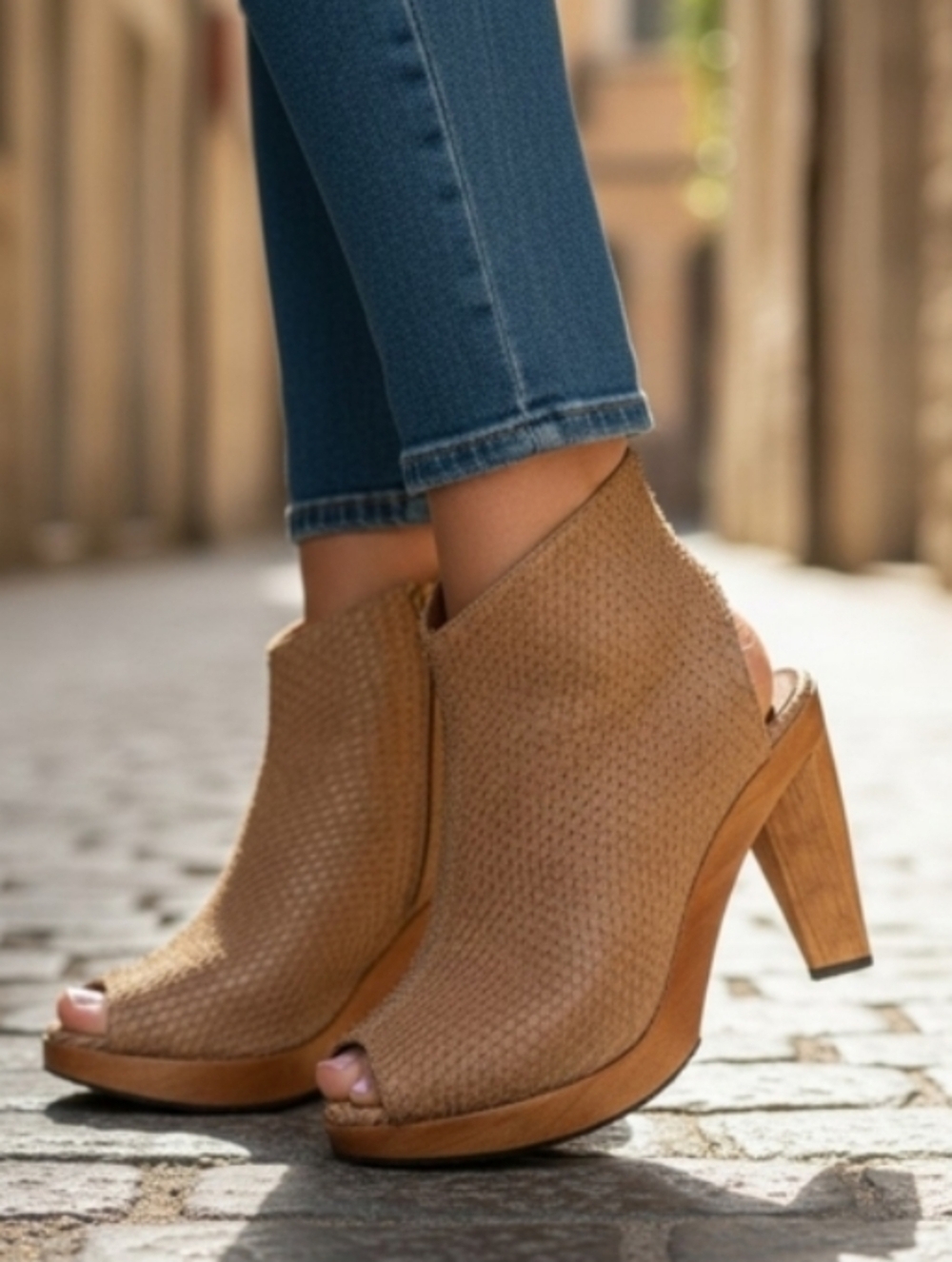 Salpy Teresa Tan Open-Toe Leather Snakeskin Texture Wood Heel Ankle Boot